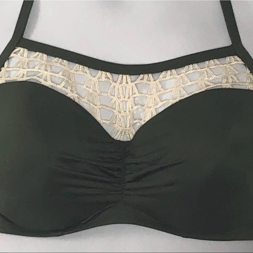 Shade & Shore Olive Green and White Crochet Trim Underwire Bikini Top size 38C